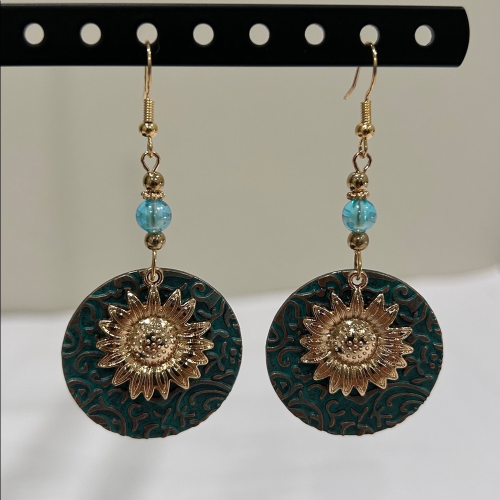 Gold and Blue Sunflower Earrings